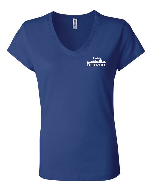 Royal blue v-neck t-shit with small white I Am Detroit logo centered on front