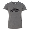 Deep Heather Gray youth sized short sleeve t-shirt with large white I Am Detroit logo printed across the chest