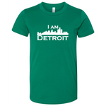 Green youth sized short sleeve t-shirt with large white I Am Detroit logo printed across the chest