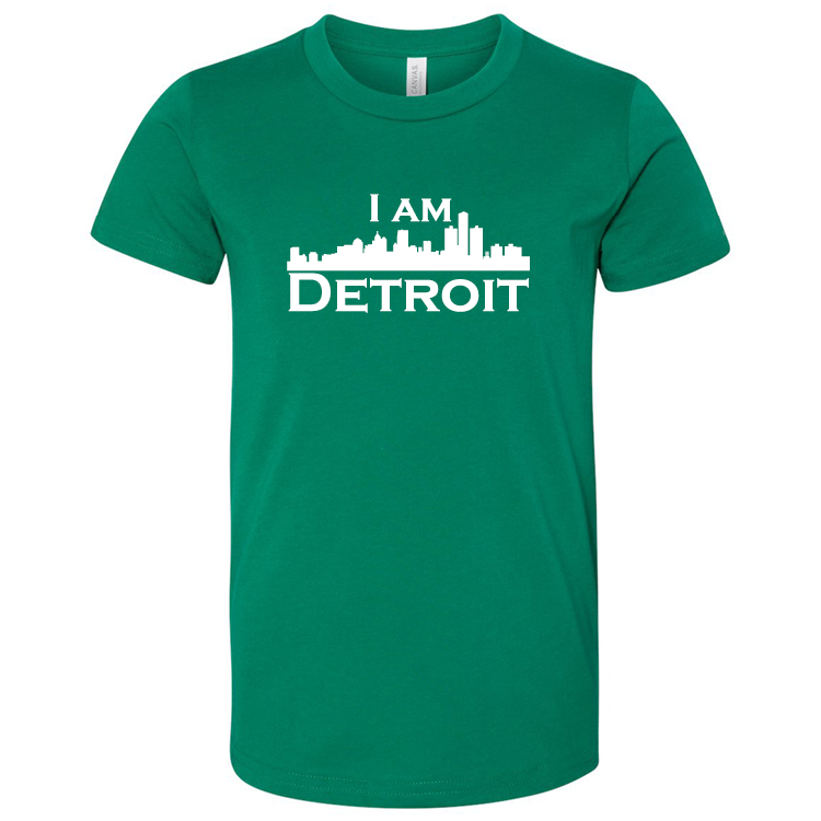 Green youth sized short sleeve t-shirt with large white I Am Detroit logo printed across the chest