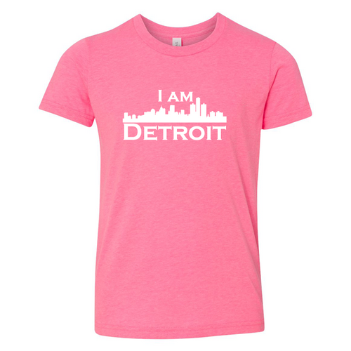 Vibrant pink youth sized short sleeve t-shirt with large white I Am Detroit logo printed across the chest