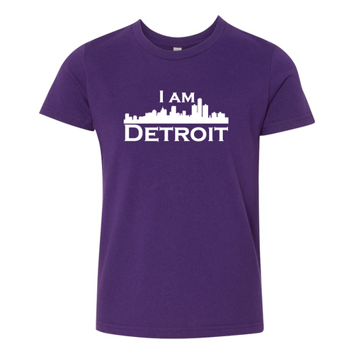 Purple youth sized short sleeve t-shirt with large white I Am Detroit logo printed across the chest