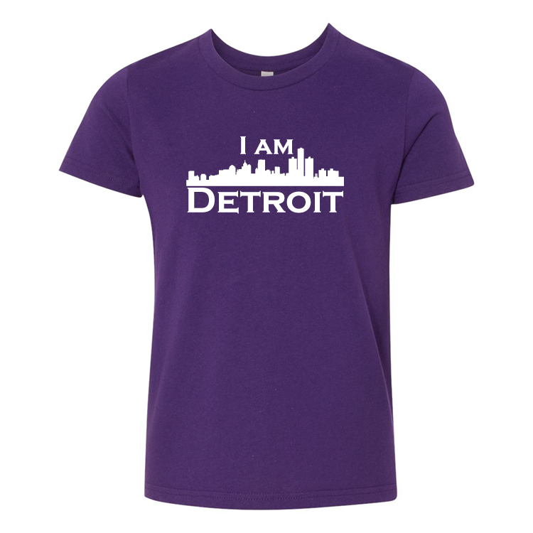 Purple youth sized short sleeve t-shirt with large white I Am Detroit logo printed across the chest