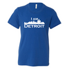 True Royal Blue youth sized short sleeve t-shirt with large white I Am Detroit logo printed across the chest