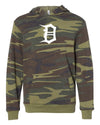 Front view of youth sized camouflage hooded sweatshirt with large white old english D logo design pinted on the front