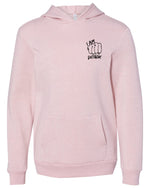 Front view of youth sized rose colored hooded sweatshirt with large black old english D logo design pinted on the front